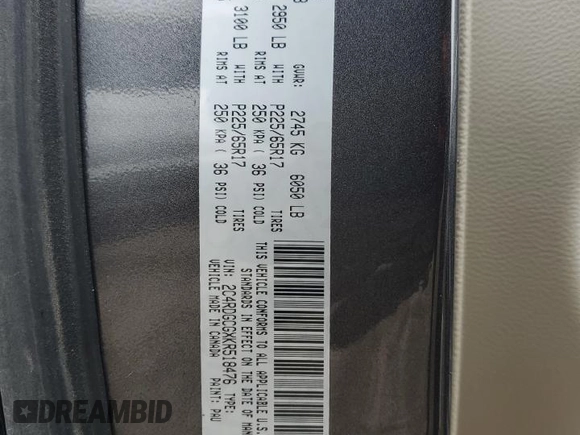 2019 Dodge Grand Caravan SXT with VIN 2C4RDGCGXKR518476, listed as a Copart auction lot 52341455 with 59,102 mi miles and Salvage Title. Bid and sale history available at DreamBid. Image 14.