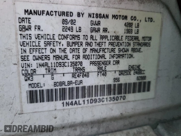2003 Nissan Altima S with VIN 1N4AL11D93C135070, listed as a Copart auction lot 41577625 with 184,727 mi miles and Salvage Title. Bid and sale history available at carsss.com. Image 14.