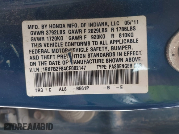 2012 Honda Civic EX with VIN 19XFB2F84CE002147, listed as a IAAI auction lot 42167096 with 182,449 mi miles and . Bid and sale history available at DreamBid. Image 9.