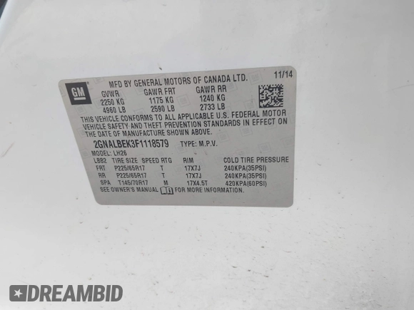 2015 Chevrolet Equinox LT with VIN 2GNALBEK3F1118579, listed as a IAAI auction lot 41808702 with 92,879 mi miles. Bid and sale history available at carsss.com. Image 9.