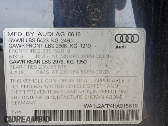 2017 Audi Q5 Premium Plus with VIN WA1L2AFP4HA015618, listed as a Copart auction lot 62494185 with 88,751 mi miles and Salvage title. Bid and sale history available at DreamBid. Image 12.