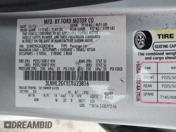 2012 Lincoln MKZ with VIN 3LNHL2GCXCR823816, listed as a IAAI auction lot 41902334 with 145,680 mi miles and . Bid and sale history available at DreamBid. Image 9.