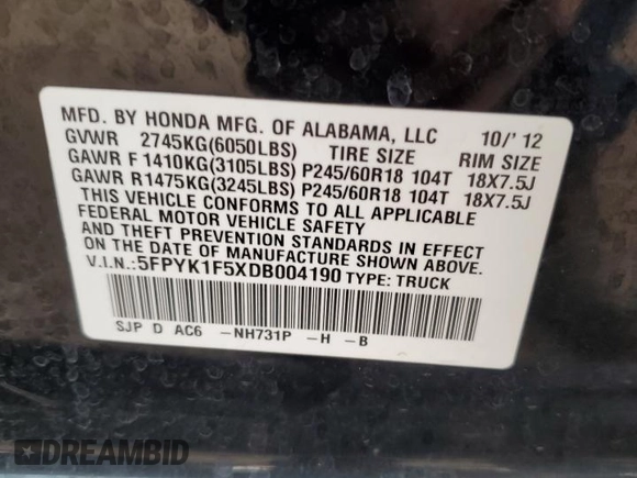 2013 Honda Ridgeline RTL z VIN 5FPYK1F5XDB004190, wystawiony jako Copart lot #58761335 z przebiegiem 56 943 mil mil oraz Czysty tytuł • Clean title. Historia ofert i sprzedaży dostępna na DreamBid. Obrazek 12.