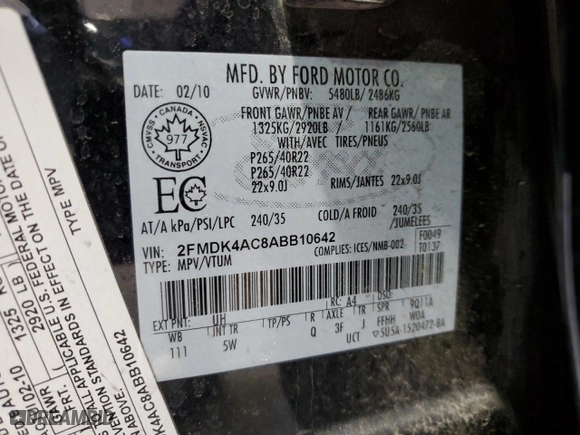 2010 Ford Edge Sport with VIN 2FMDK4AC8ABB10642, listed as a Copart auction lot 45812925 with 152,493 mi miles and Clean Title. Bid and sale history available at carsss.com. Image 13.