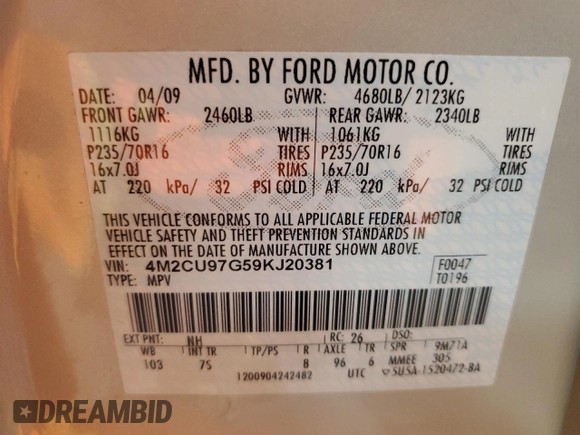 2009 Mercury Mariner Premier with VIN 4M2CU97G59KJ20381, listed as a Copart auction lot 56682175 with 155,896 mi miles and Salvage title. Bid and sale history available at DreamBid. Image 13.