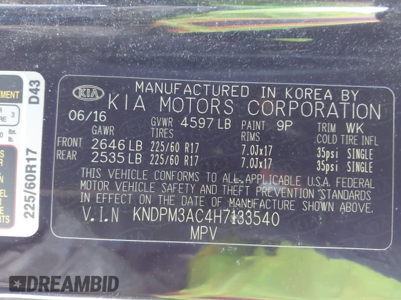 2017 Kia Sportage LX with VIN KNDPM3AC4H7133540, listed as a IAAI auction lot 41840390 with 112,008 mi miles and . Bid and sale history available at carsss.com. Image 9.