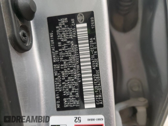 2019 Toyota Camry LE with VIN 4T1B11HK1KU227058, listed as a Copart auction lot 51225445 with 183,115 mi miles and Salvage Title. Bid and sale history available at carsss.com. Image 12.