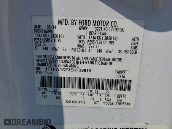2014 Ford F-150 XL with VIN 1FTFW1CF3EKF39819, listed as a Copart auction lot 62313945 with 75,486 mi miles and Salvage title. Bid and sale history available at DreamBid. Image 12.