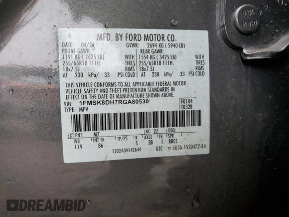 2024 Ford Explorer XLT z VIN 1FMSK8DH7RGA80530, wystawiony jako Copart lot #57771715 z przebiegiem 12 718 mil mil oraz Szkoda całkowita • Salvage title. Historia ofert i sprzedaży dostępna na DreamBid. Obrazek 13.