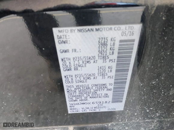 2016 Nissan Pathfinder Platinum with VIN 5N1AR2MM5GC659182, listed as a IAAI auction lot 41339507 with 150,000 mi miles. Bid and sale history available at carsss.com. Image 9.