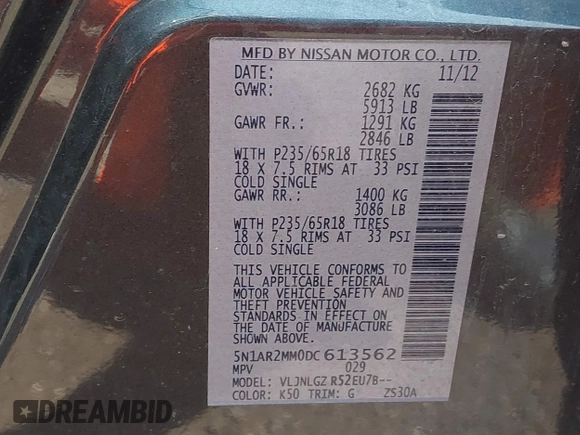 2013 Nissan Pathfinder SL with VIN 5N1AR2MM0DC613562, listed as a IAAI auction lot 42378840 with 113,898 mi miles and . Bid and sale history available at DreamBid. Image 9.
