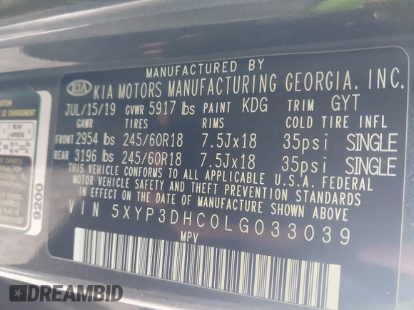 2020 Kia Telluride EX z VIN 5XYP3DHC0LG033039, wystawiony jako IAAI lot #41557612 z przebiegiem 84 882 mil mil oraz . Historia ofert i sprzedaży dostępna na DreamBid. Obrazek 9.