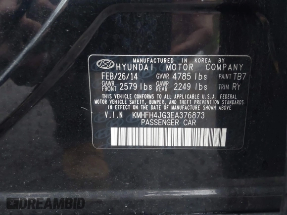 2014 Hyundai Azera Limited with VIN KMHFH4JG3EA376873, listed as a IAAI auction lot 41530698 with 94,263 mi miles and . Bid and sale history available at DreamBid. Image 9.