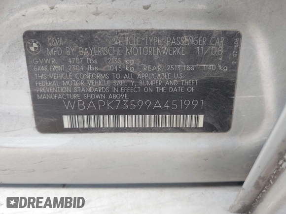 2009 BMW 3 Series 328i xDrive with VIN WBAPK73599A451991, listed as a IAAI auction lot 41349007 with 118,650 mi miles and . Bid and sale history available at DreamBid. Image 9.