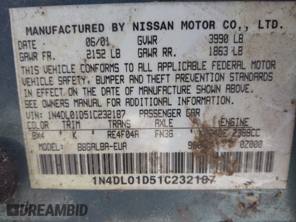 2001 Nissan Altima GXE with VIN 1N4DL01D51C232187, listed as a IAAI auction lot 41928081 with 154,416 mi miles. Bid and sale history available at carsss.com. Image 9.