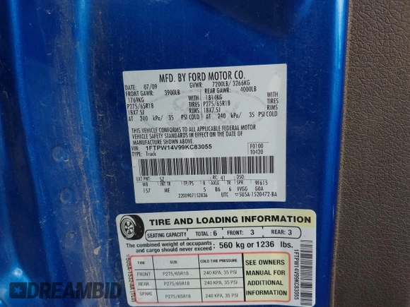 2009 Ford F-150 XL с VIN 1FTPW14V99KC83055, выставлен на аукционе IAAI как лот 42564554 с пробегом 247 055 миль миль и . История ставок и продаж доступна на DreamBid. Изображение 9.