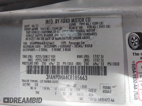 2012 Ford Fusion SE with VIN 3FAHP0HA4CR105663, listed as a IAAI auction lot 41805943 with 359,046 mi miles and . Bid and sale history available at DreamBid. Image 9.