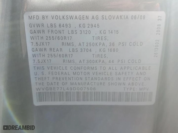 2009 Volkswagen Touareg 2 VR6 with VIN WVGBE77L49D007506, listed as a Copart auction lot 50488144 with NaN miles and Salvage Title. Bid and sale history available at carsss.com. Image 13.
