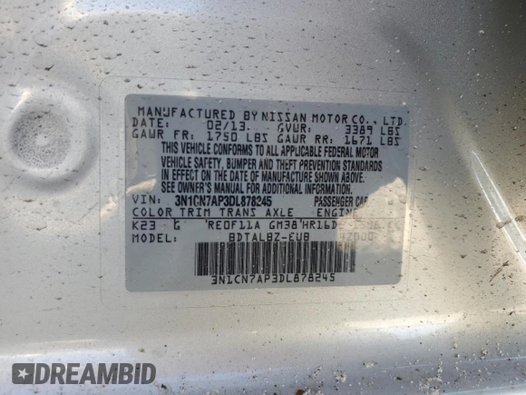 2013 Nissan Versa S Plus z VIN 3N1CN7AP3DL878245, wystawiony jako Copart lot #42694715 z przebiegiem 160 571 mil mil oraz Szkoda całkowita • Salvage title. Historia ofert i sprzedaży dostępna na DreamBid. Obrazek 12.