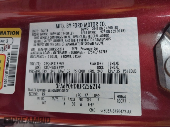 2018 Ford Fusion SE with VIN 3FA6P0HD8JR256214, listed as a IAAI auction lot 41147325 with 71,038 mi miles and . Bid and sale history available at DreamBid. Image 9.