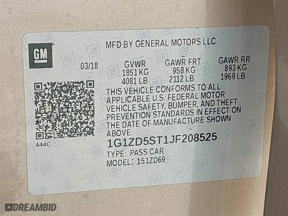 2018 Chevrolet Malibu LT with VIN 1G1ZD5ST1JF208525, listed as a IAAI auction lot 42055307 with 109,147 mi miles. Bid and sale history available at carsss.com. Image 9.