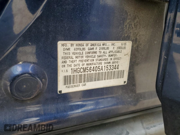 2005 Honda Accord LX with VIN 1HGCM56405A153344, listed as a Copart auction lot 63668715 with 118,180 mi miles and Salvage title. Bid and sale history available at DreamBid. Image 12.
