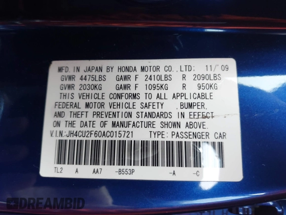 2010 Acura TSX with VIN JH4CU2F60AC015721, listed as a IAAI auction lot 42368281 with 173,426 mi miles and . Bid and sale history available at DreamBid. Image 9.