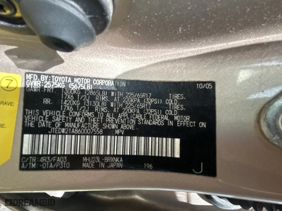 2006 Toyota Highlander Hybrid with VIN JTEDW21A860007558, listed as a Copart auction lot 51872555 with 256,404 mi miles and Clean Title. Bid and sale history available at carsss.com. Image 10.