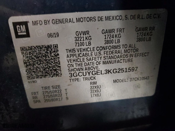 2019 Chevrolet Silverado 1500 LTZ with VIN 3GCUYGEL3KG251597, listed as a Copart auction lot 85492534 with 112,951 mi miles and Clean Title. Bid and sale history available at carsss.com. Image 14.