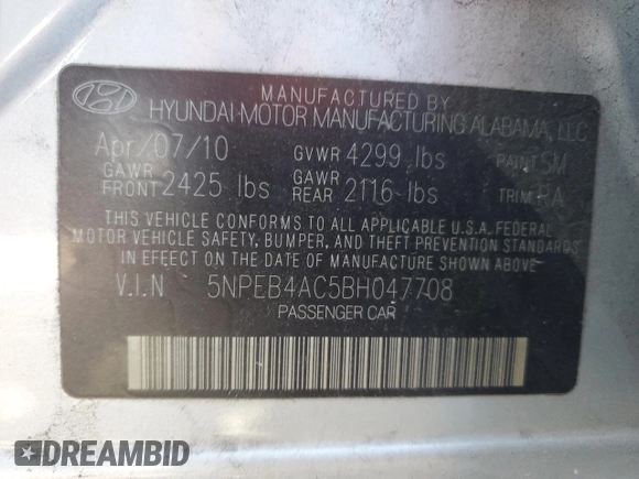 2011 Hyundai Sonata GLS with VIN 5NPEB4AC5BH047708, listed as a Copart auction lot 49452465 with 207,314 mi miles and Salvage Title. Bid and sale history available at carsss.com. Image 14.