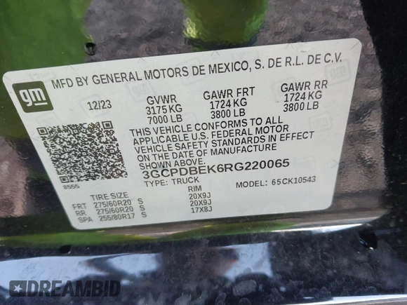 2024 Chevrolet Silverado 1500 Custom with VIN 3GCPDBEK6RG220065, listed as a IAAI auction lot 41616071 with Not Provided miles and . Bid and sale history available at DreamBid. Image 9.