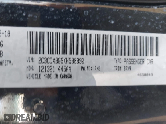 2019 Dodge Charger SXT with VIN 2C3CDXBG9KH580890, listed as a IAAI auction lot 41793008 with 52,497 mi miles. Bid and sale history available at carsss.com. Image 9.