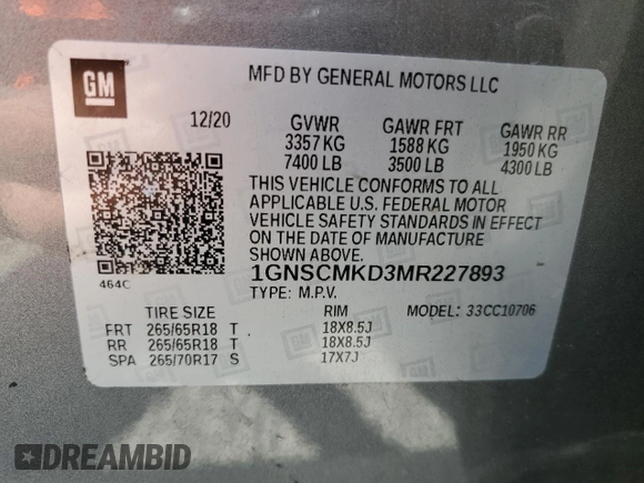 2021 Chevrolet Tahoe LS with VIN 1GNSCMKD3MR227893, listed as a Copart auction lot 65713735 with 87,255 mi miles and Salvage title. Bid and sale history available at DreamBid. Image 13.