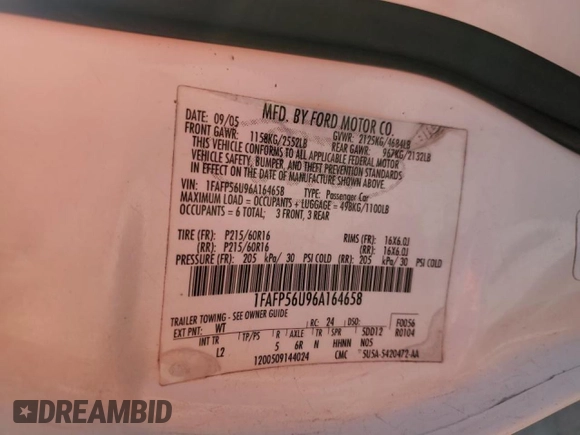 2006 Ford Taurus SEL with VIN 1FAFP56U96A164658, listed as a Copart auction lot 43948635 with Not provided miles and Salvage title. Bid and sale history available at DreamBid. Image 12.