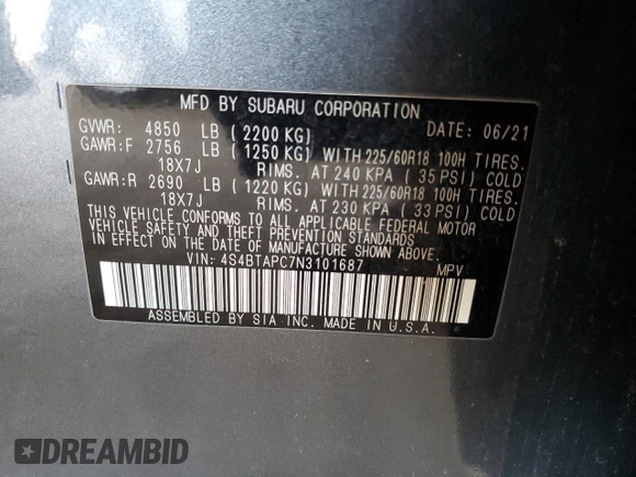 2022 Subaru Outback Touring with VIN 4S4BTAPC7N3101687, listed as a Copart auction lot 49662505 with 233,972 mi miles and Salvage title. Bid and sale history available at DreamBid. Image 12.