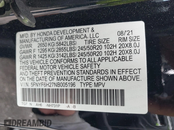 2022 Honda Pilot Special Edition z VIN 5FNYF6H27NB005196, wystawiony jako IAAI lot #42297439 z przebiegiem 43 478 mil mil oraz . Historia ofert i sprzedaży dostępna na DreamBid. Obrazek 9.