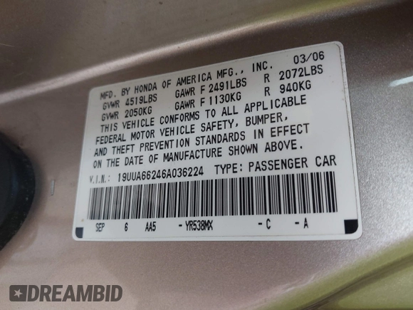 2006 Acura TL with VIN 19UUA66246A036224, listed as a IAAI auction lot 42023897 with 140,141 mi miles. Bid and sale history available at carsss.com. Image 9.