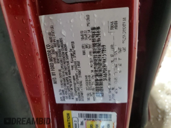 2017 Ford Fusion Titanium with VIN 3FA6P0K97HR154899, listed as a Copart auction lot 44807945 with 0 mi miles and Salvage Title. Bid and sale history available at carsss.com. Image 13.