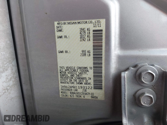 2012 Nissan Altima S z VIN 1N4AL2AP6CC193122, wystawiony jako IAAI lot #42311063 z przebiegiem 183 570 mil mil oraz . Historia ofert i sprzedaży dostępna na DreamBid. Obrazek 9.