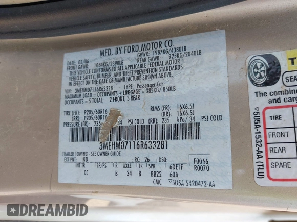 2006 Mercury Milan with VIN 3MEHM07116R633281, listed as a IAAI auction lot 42393137 with 102,806 mi miles and . Bid and sale history available at DreamBid. Image 9.