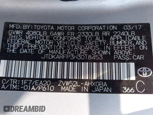 2017 Toyota Prius Plus with VIN JTDKARFP3H3018453, listed as a IAAI auction lot 42391330 with 145,289 mi miles and . Bid and sale history available at DreamBid. Image 9.