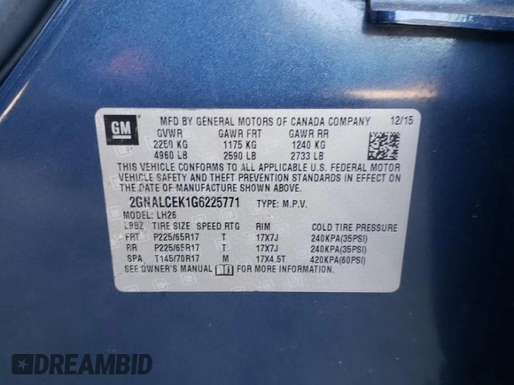 2016 Chevrolet Equinox LT with VIN 2GNALCEK1G6225771, listed as a Copart auction lot 50431865 with 88,119 mi miles and Salvage Title. Bid and sale history available at carsss.com. Image 15.
