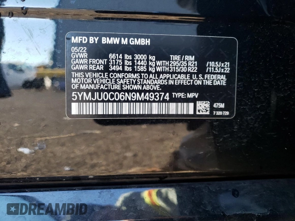 2022 BMW X5 M z VIN 5YMJU0C06N9M49374, wystawiony jako Copart lot #41621645 z przebiegiem 36 242 mil mil oraz Szkoda całkowita • Salvage title. Historia ofert i sprzedaży dostępna na DreamBid. Obrazek 15.