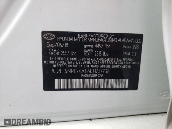 2019 Hyundai Sonata SE with VIN 5NPE24AF6KH737736, listed as a Copart auction lot 52187314 with 26,200 mi miles and Clean Title. Bid and sale history available at DreamBid. Image 12.