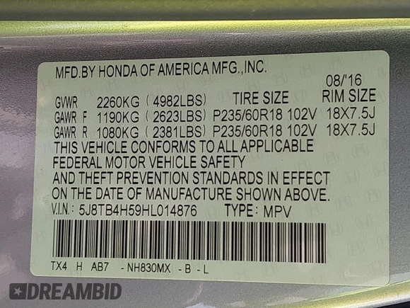 2017 Acura RDX w/Technology Pkg with VIN 5J8TB4H59HL014876, listed as a IAAI auction lot 42034309 with 57,472 mi miles. Bid and sale history available at carsss.com. Image 9.