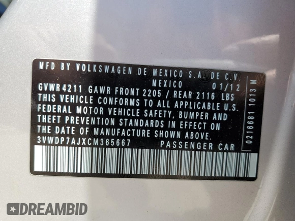 2012 Volkswagen Jetta SE with VIN 3VWDP7AJXCM365667, listed as a Copart auction lot 60317735 with 82,723 mi miles and Salvage title. Bid and sale history available at DreamBid. Image 12.