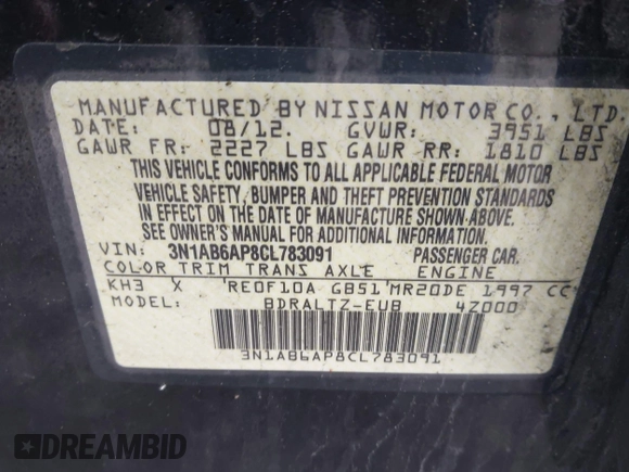 2012 Nissan Sentra SR with VIN 3N1AB6AP8CL783091, listed as a IAAI auction lot 42738171 with 105,378 mi miles and . Bid and sale history available at DreamBid. Image 9.