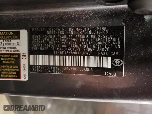 2009 Toyota Camry with VIN 4T4BE46K89R113745, listed as a Copart auction lot 50217585 with 97,429 mi miles and Salvage Title. Bid and sale history available at carsss.com. Image 12.