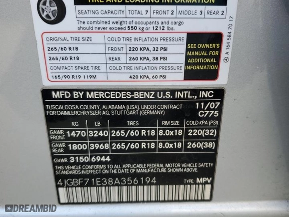 2008 Mercedes-Benz GL-Class 4.6L with VIN 4JGBF71E38A356194, listed as a Copart auction lot 46957565 with 179,490 mi miles and Salvage Title. Bid and sale history available at carsss.com. Image 13.