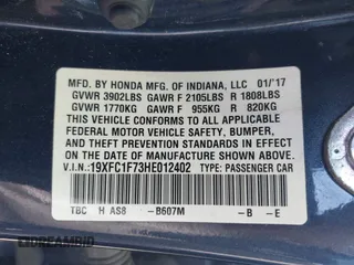 2017 Honda Civic EX-L z VIN 19XFC1F73HE012402, wystawiony jako IAAI lot #42231613 z przebiegiem 73 446 mil mil oraz . Historia ofert i sprzedaży dostępna na DreamBid. Obrazek 9.